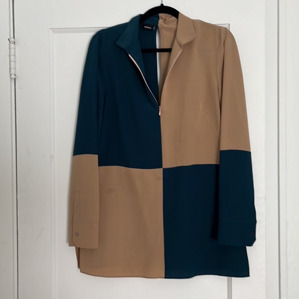 Akris Colorblock Mulberry 100% Silk Teal Tan Blouse